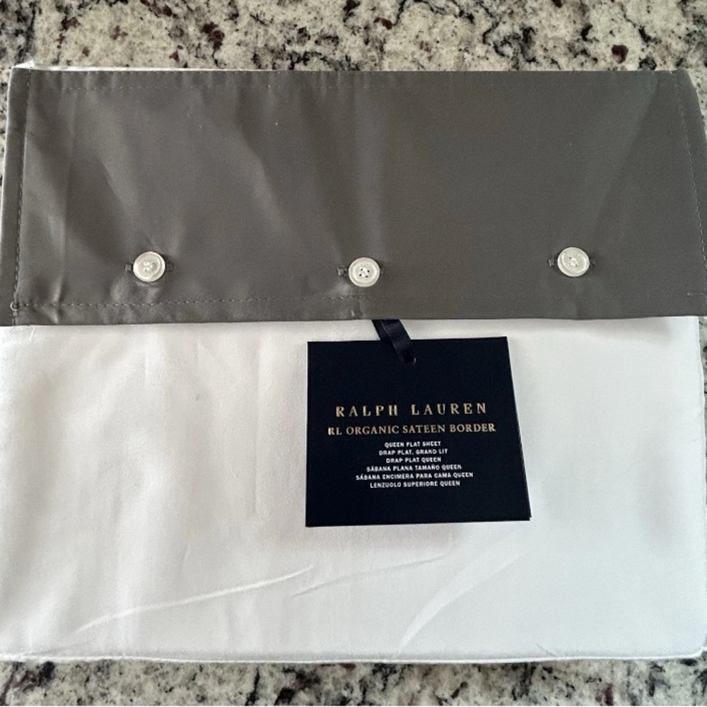 Ralph Lauren Organic Sateen Border Queen Flat Sheet Graphite - NWT $185